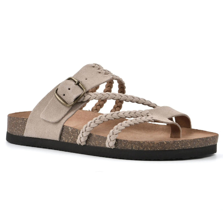 Beige weave sandals with braided straps and adjustable metal buckle