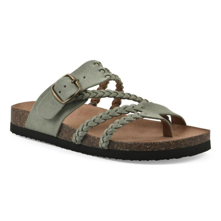 Olive-gray weave sandals with braided straps and adjustable metal buckle
