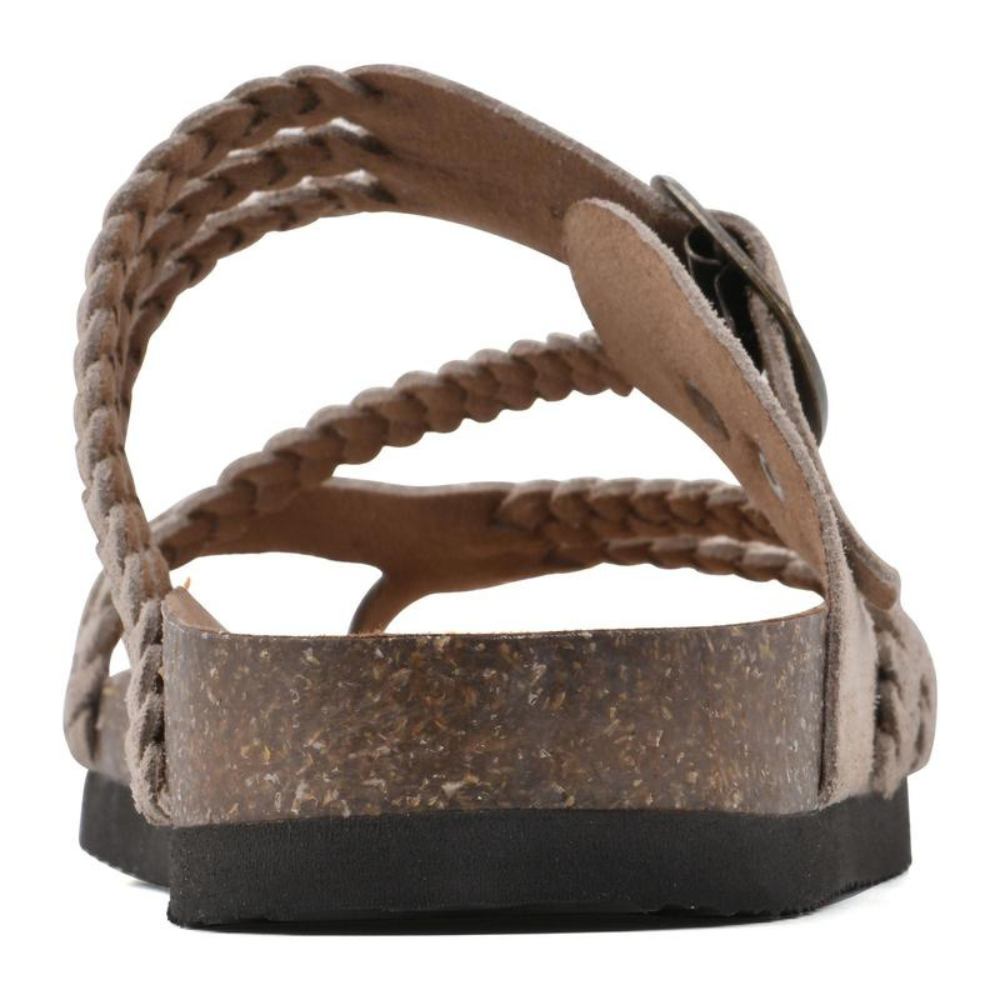 Brown weave sandal heel with braided straps and cork-toned footbed