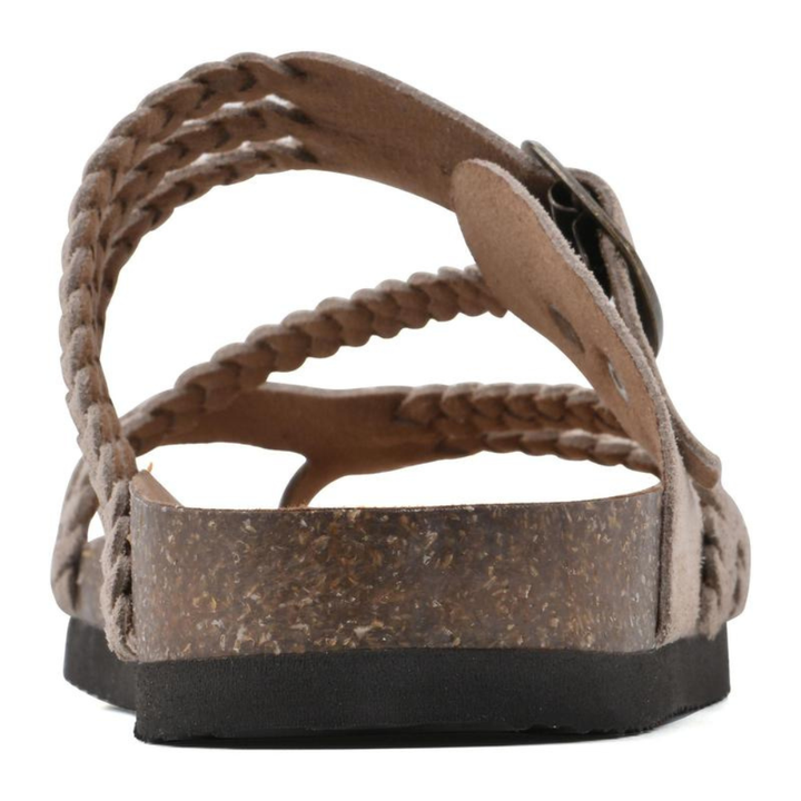 Brown weave sandal heel with braided straps and cork-toned footbed