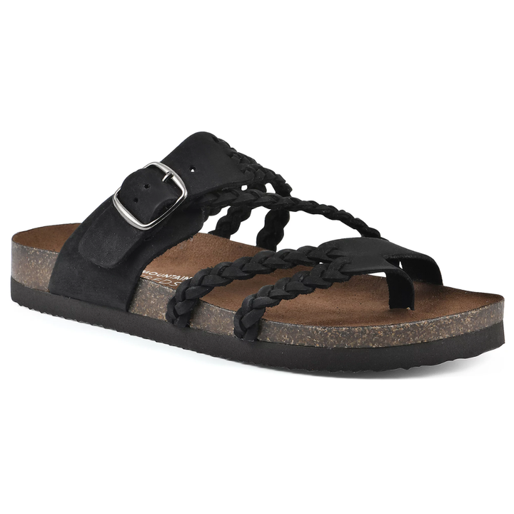 Black weave sandals with braided toe straps and adjustable metal buckle