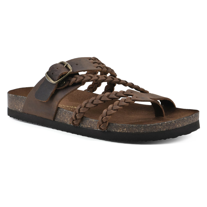 Brown weave sandals with braided straps and adjustable metal buckle