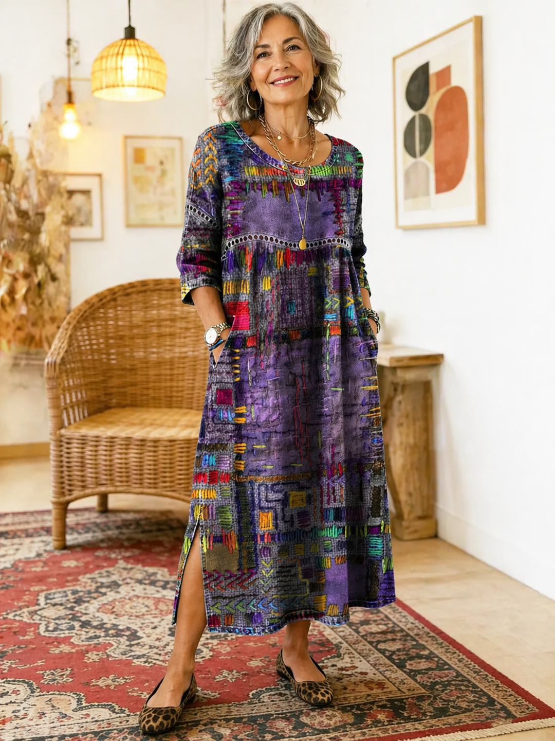 Helene | Midi Dress with Ethnic Patchwork