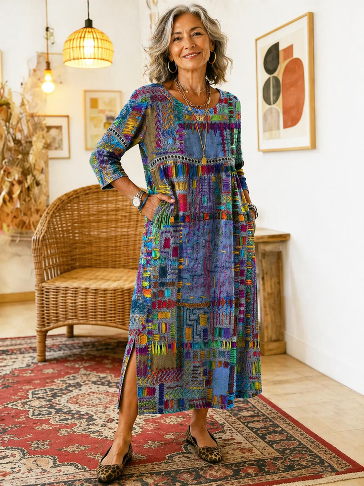 Helene | Midi Dress with Ethnic Patchwork