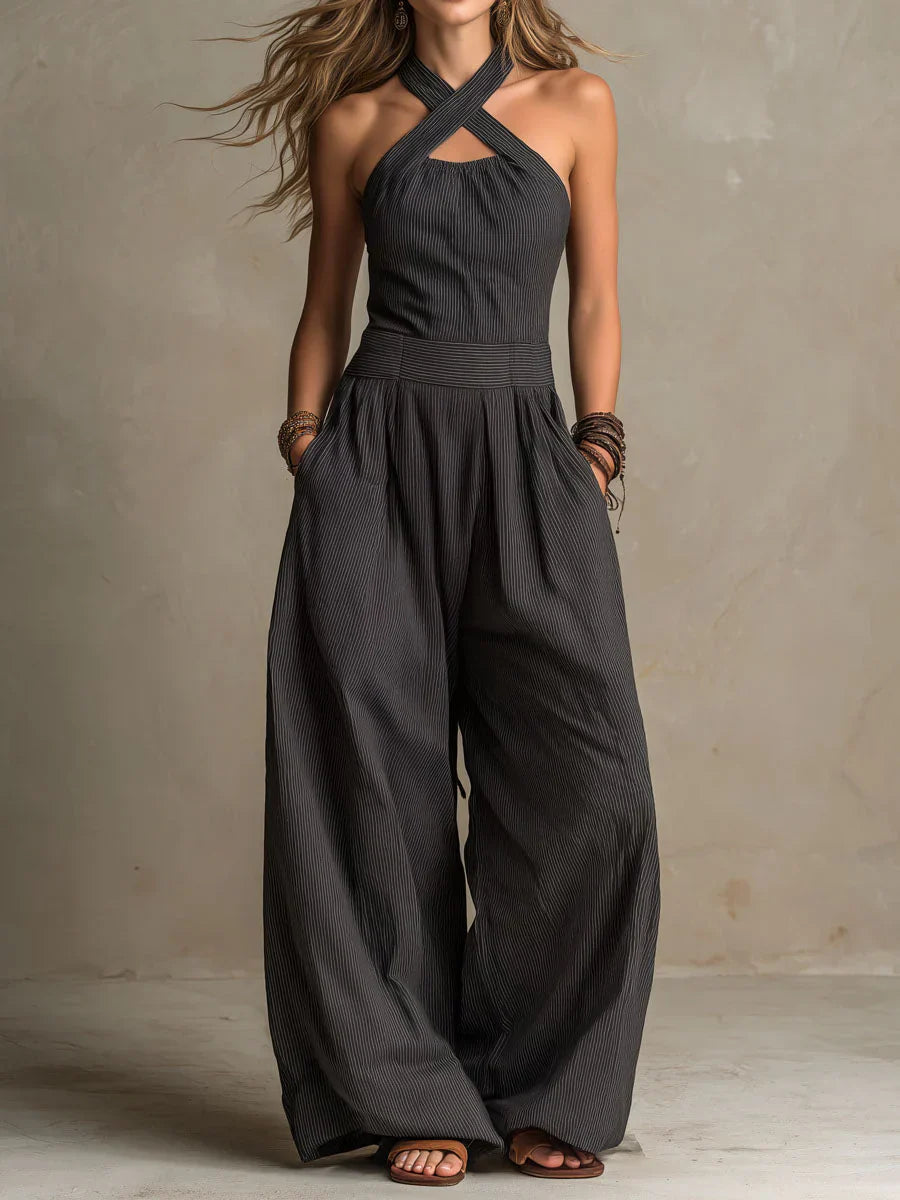 Julia | Linen and Cotton Jumpsuit with Elegant Cross Neckline