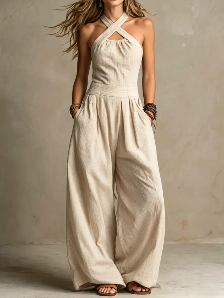 Julia | Linen and Cotton Jumpsuit with Elegant Cross Neckline