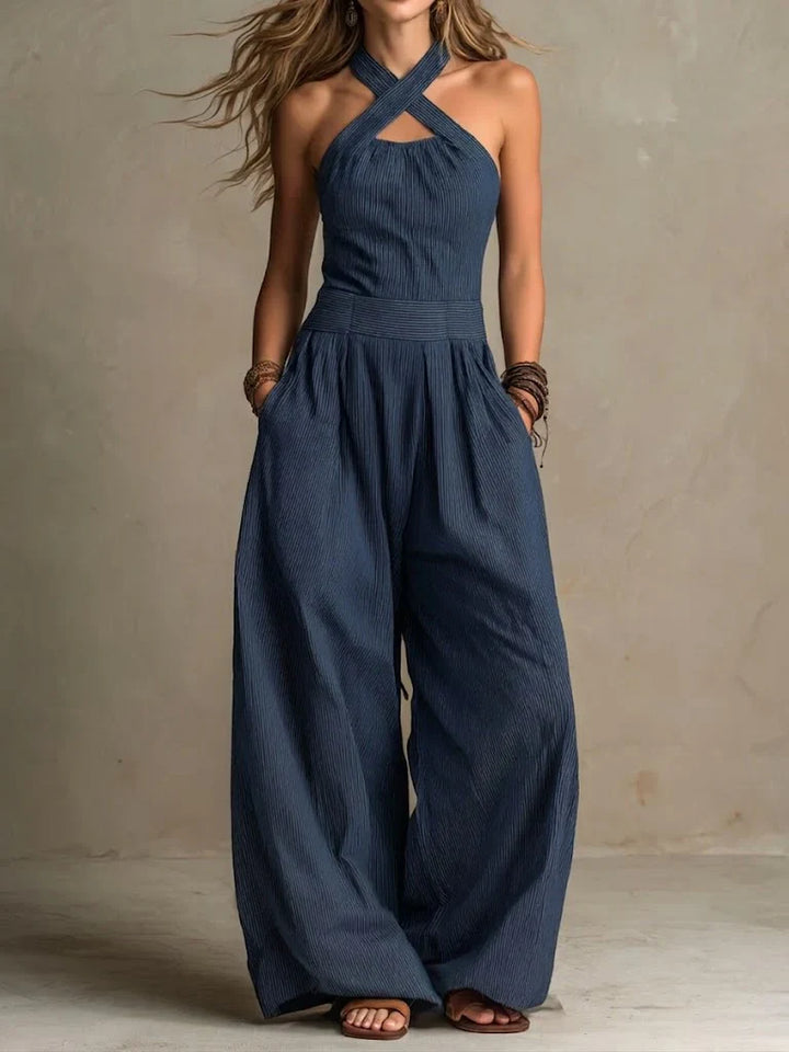 Julia | Linen and Cotton Jumpsuit with Elegant Cross Neckline